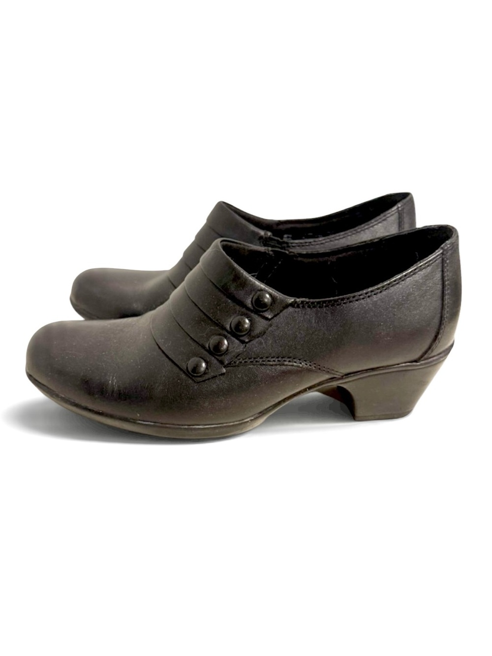 Clarks Bendables Ingalls Falls Black Leather Ruched Button Ankle Bootie Size 7.5